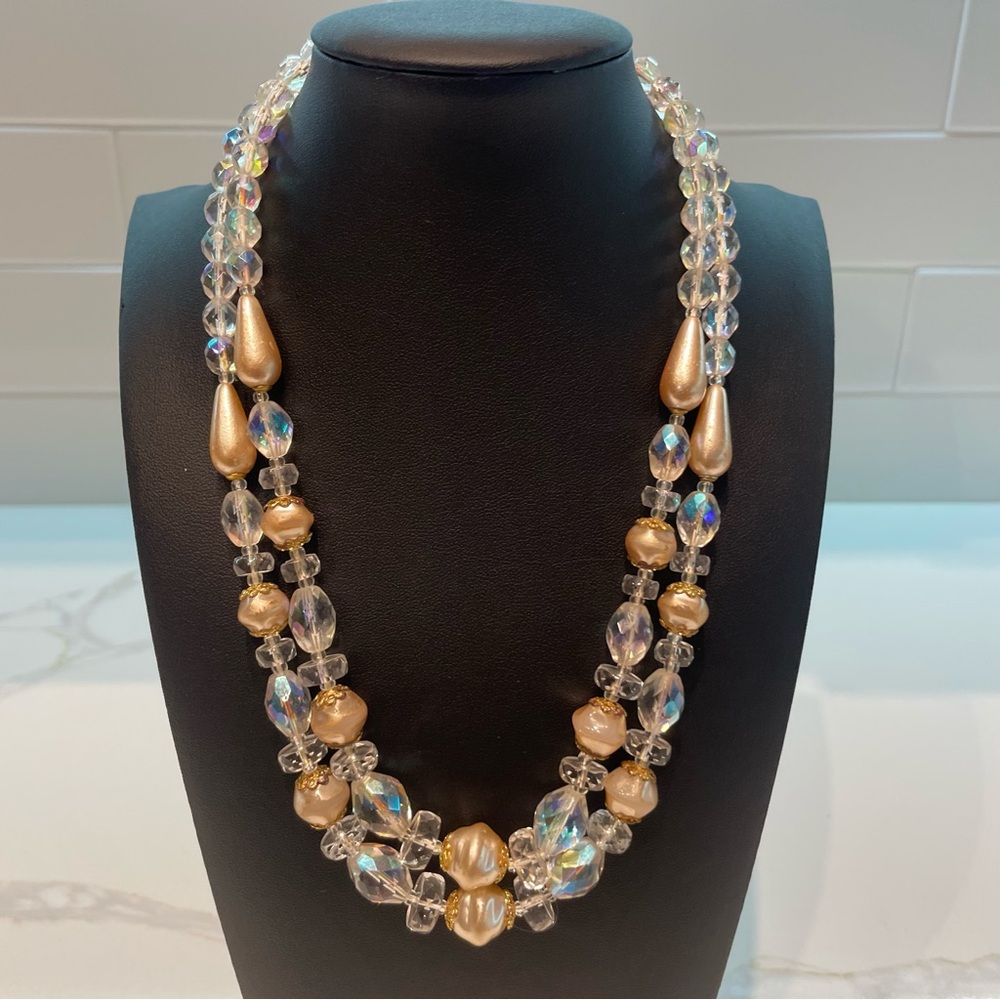 Two Stranded Graduated Aurora Borealis Faux Pearl Beaded Gold Tone Necklace